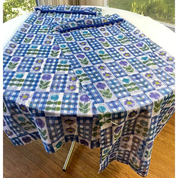 Vintage 70s curtain with pompoms, blue purple green floral, pair or single panel - Picture 8 of 10